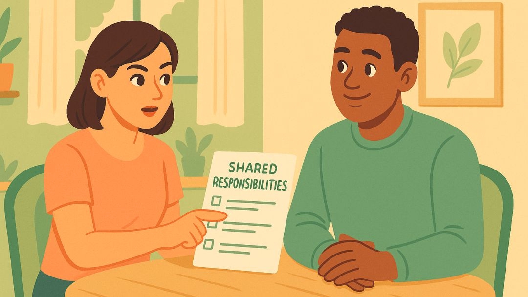 Couple discussing shared responsibilities list to combat weaponized incompetence.