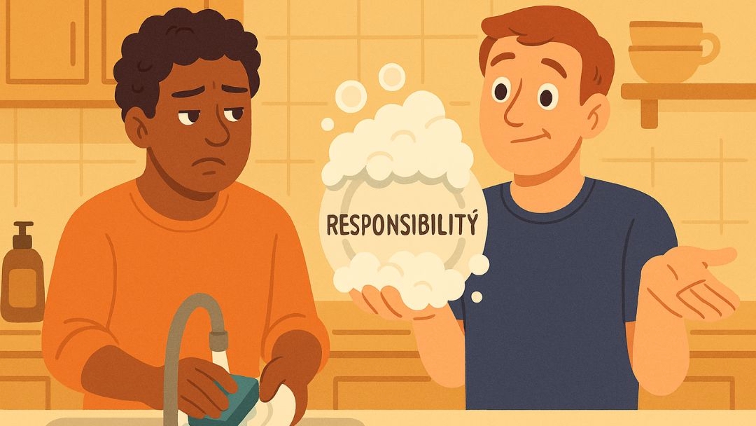 Weaponized incompetence example showing partner avoiding household responsibility while other does dishes.