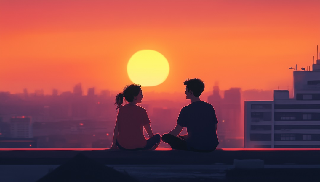 Couple having meaningful conversation at sunset showing healthy relationship signs.