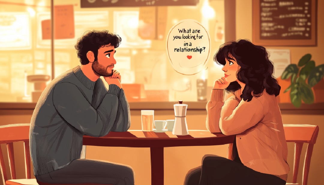 Couple on coffee date discussing what they're looking for in a h.ealthy relationship
