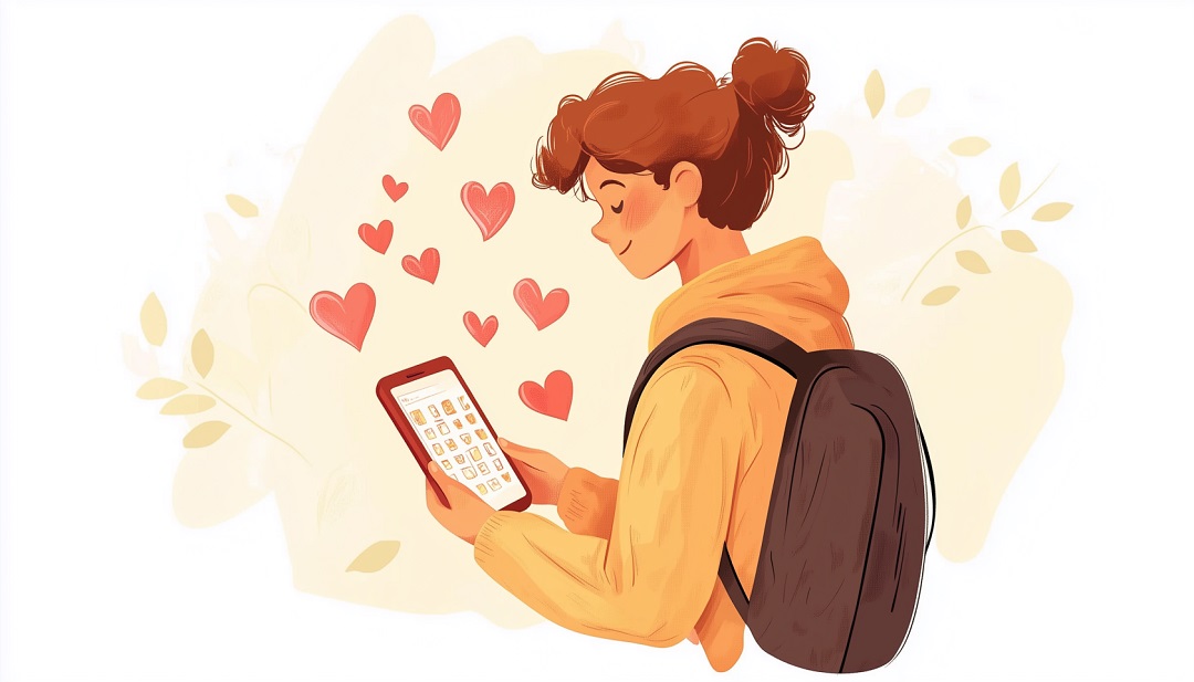 Person using dating app to find healthy relationship signs and compatibility.