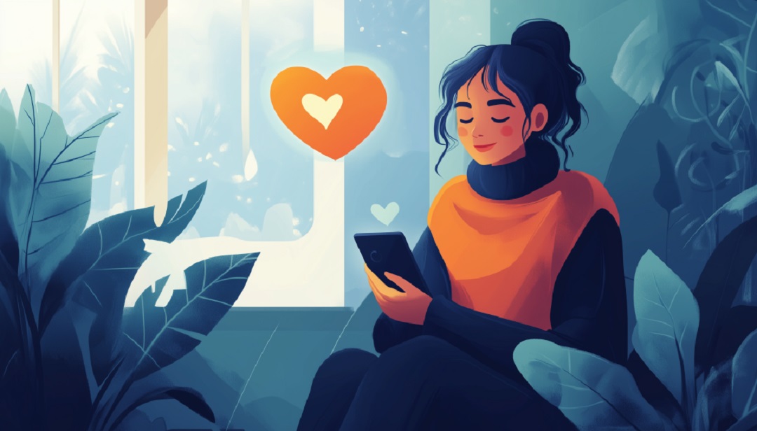 Woman reflecting on healthy relationship signs while messaging potential partner.