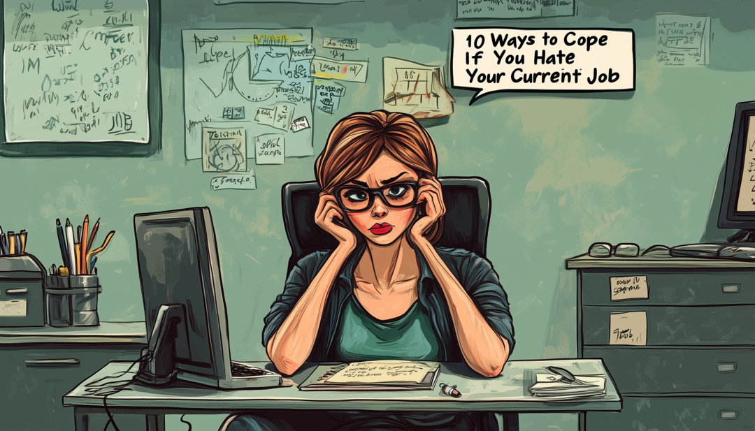 Stressed woman at desk illustrating feelings when you hate your job but can't quit.