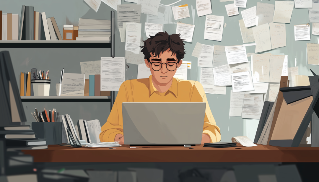 Overwhelmed employee surrounded by paperwork depicting workplace stress when you hate your job.