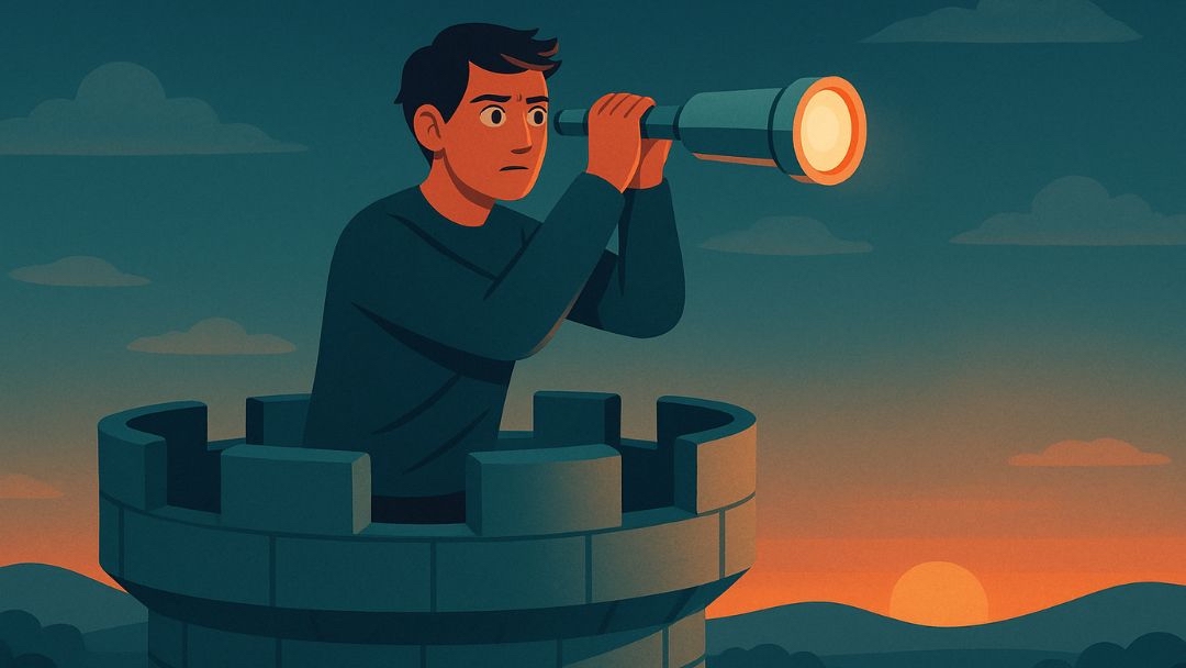 Person with telescope scanning horizon representing hypervigilance and why I overthink after trauma.