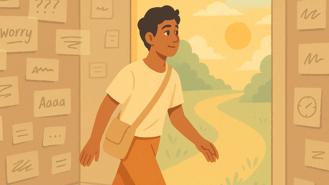 Person walking from worry-filled room to peaceful outdoors symbolizing why we overthink as protection.