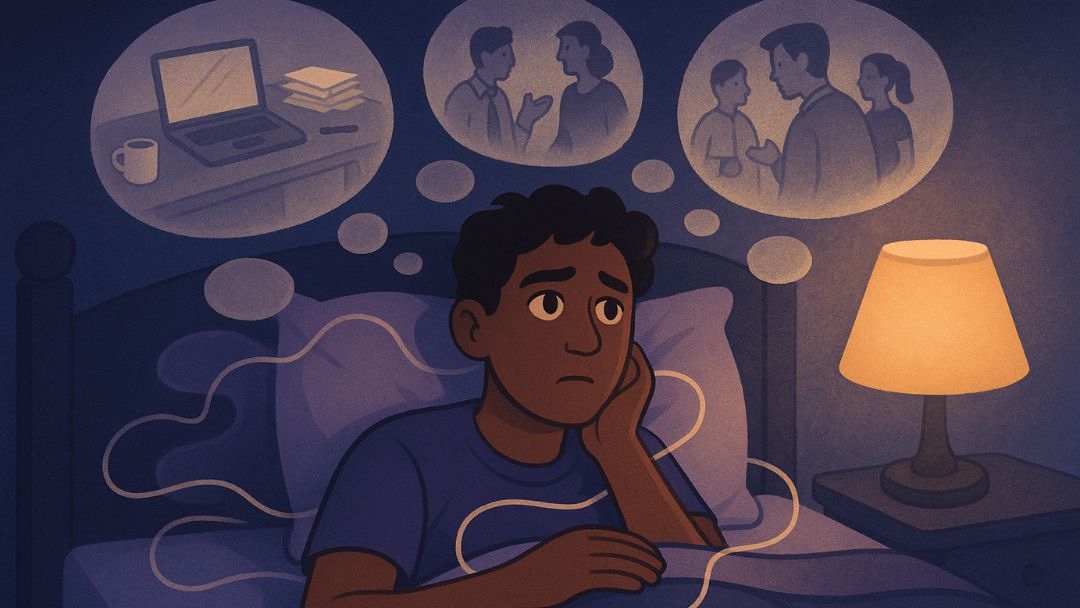 Illustration of a person lying in bed overthinking about work and relationships, symbolizing why-do-I-overthink and common triggers of overthinking.