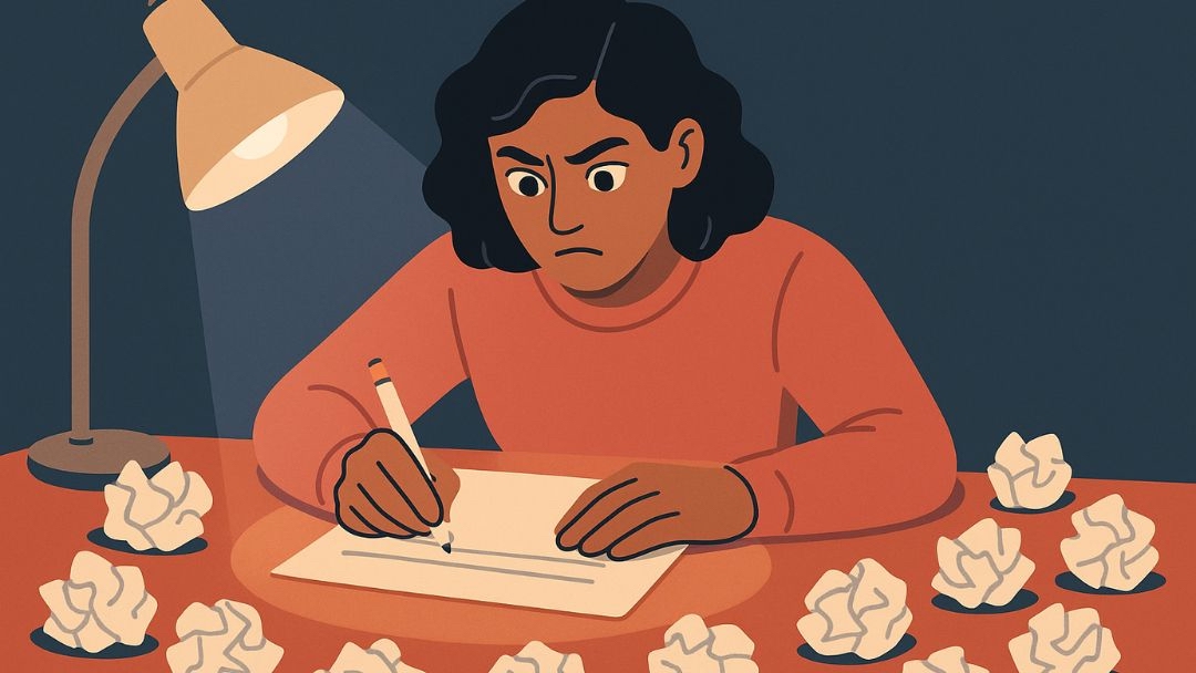 Illustration of a frustrated person rewriting a page surrounded by crumpled papers, symbolizing low self-esteem, self-doubt, and why-do-I-overthink thoughts.