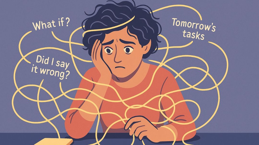 Illustration of a worried person tangled in thoughts labeled “What if?” and “Tomorrow’s tasks,” representing why-do-I-overthink and constant overthinking.