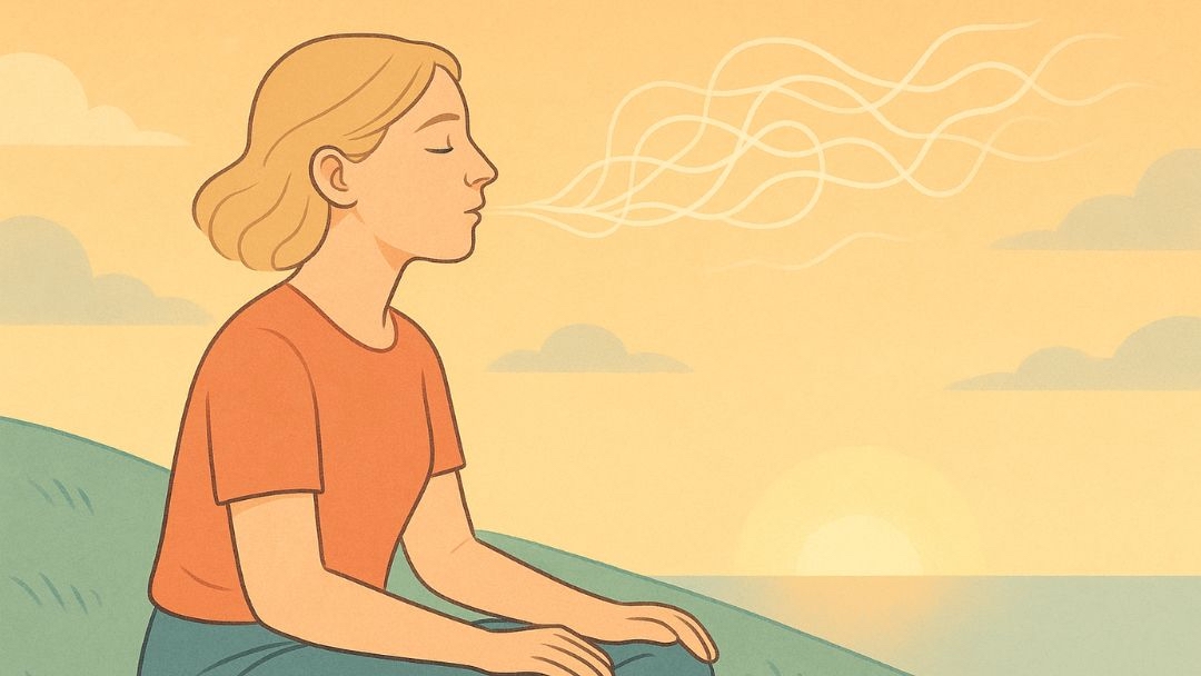 Woman practicing calm breathing to manage overthinking and racing thoughts.