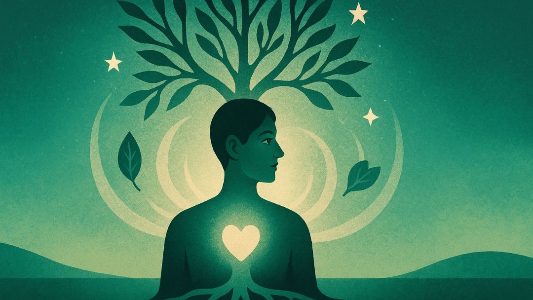 Illustration of a person with a glowing heart and tree growing from within, symbolizing how the Enneagram test fosters self-awareness, emotional growth, and personal transformation.