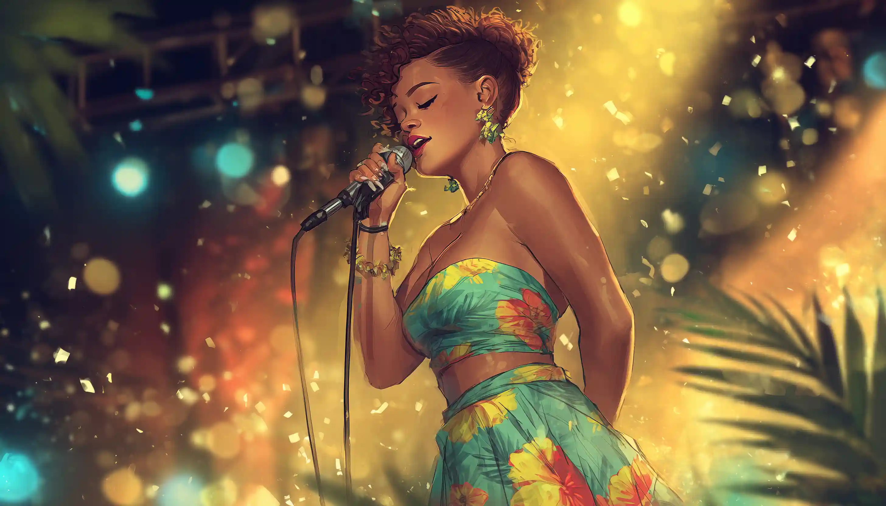 Young Rihanna performing at a stage in small Caribbean Island