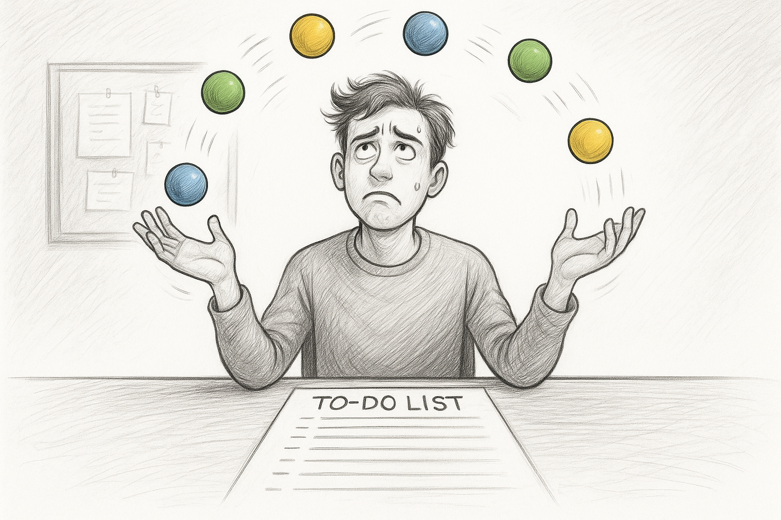 Black and white illustration of a person juggling multiple colorful balls while sitting at a desk with a long to-do list. The image symbolizes someone overwhelmed by multitasking, representing the kind of person who could benefit from using a Kanban system.