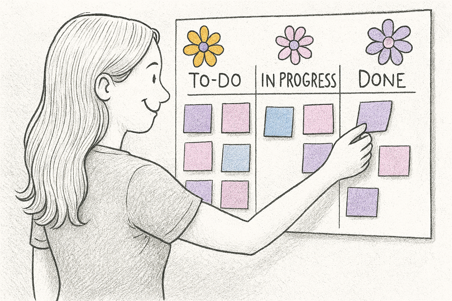 Hand-drawn illustration of a smiling woman placing a card in the “Done” column of a Kanban board. The board features colorful pink, purple, and blue task cards and is decorated with cheerful 70s-style flower designs, representing personalization and a sense of accomplishment.